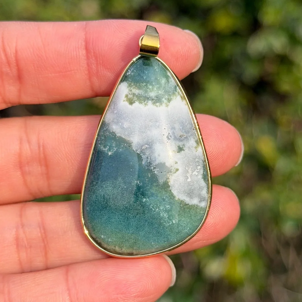 Gold plated stainless steel natural moss agate pendant‎ 1023